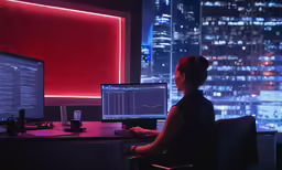 a woman working on her desktop computer in front of a window at night