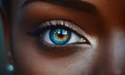 a close up view of a human eye with large blue and orange circles on it