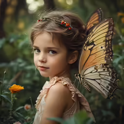 the beautiful girl is posing in the field with a butterfly