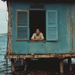a man is looking out of an open window of a water house