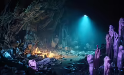 a fire pit in the middle of a cave with a beam