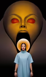 a woman stands in front of a poster with an alien like head