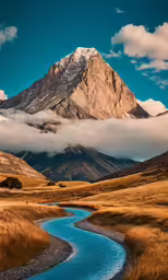 a stream flowing under a mountain with clouds in the sky