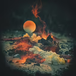 a close - up of a ball of fire with smoke and rocks on it