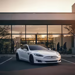a white car in front of a glass store