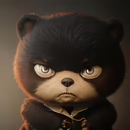 a close up of a stuffed animal with brown hair and huge eyes