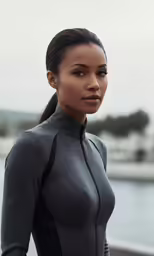 the woman is posing in the wetsuit
