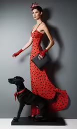 a woman dressed up in a red polka dotted gown and matching accessories standing near a dog