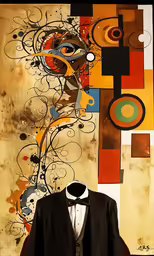 a suit and tie hang on a wall near a painting