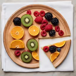 a wooden plate with sliced fruit pizza next to slices of sliced up fruit