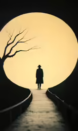 a man standing on a bridge with the moon behind him