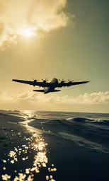a large plane is flying low over the ocean