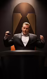 a man wearing a suit stands at a podium with two hands up