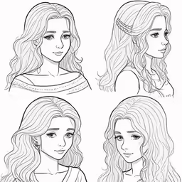 four different girls with long wavy hair, each in different poses