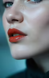 the woman with red lips is close up