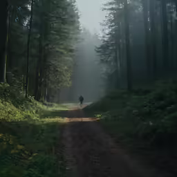 a single person walking down the trail in the woods