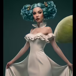 there is a woman wearing a dress with green hair and butterfly decorations on her head