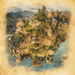 a digital photograph of a large rock island on a lake