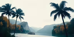 an autumn landscape with palm trees and the mountains