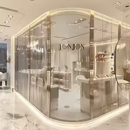 a luxury glass shop front that has a table inside,the front glass door of a store