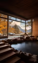 the view outside of an empty room into an area with rocks