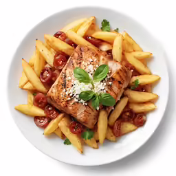 fish and fries on a white plate with sauce and garnish