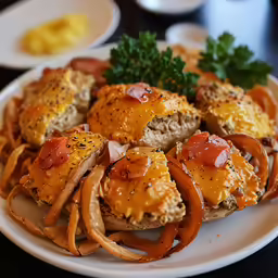 a white plate filled with fried potatoes topped with cheese and bacon