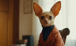 a close up of a small dog in a brown jacket