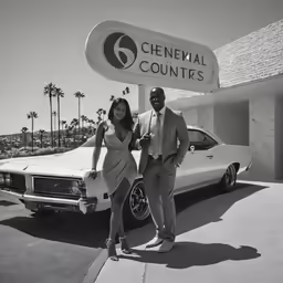 man and woman stand in front of car dealership