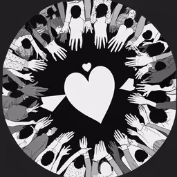 black and white circle of people with arms stretched out in the middle with heart,an abstract artwork of hands making a heart