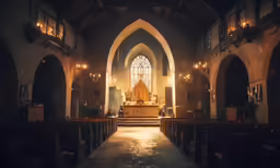 the interior of an old church, lit up by lights from a large window