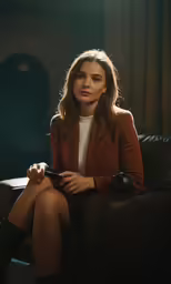 a young woman sitting on a couch holding a cell phone