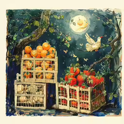 this painting depicts two crates with fruits in them and a dove flying over it,a painting of two fruit stands and a full moon