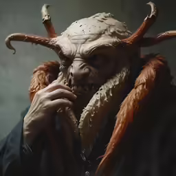 man with horned head and horns holding up a red object