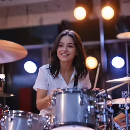 a woman is smiling as she plays the drums