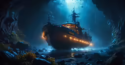 an underwater scene showing a ship in the water