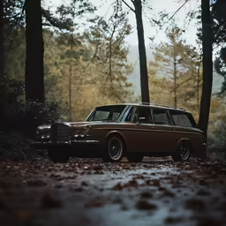 a tan station wagon sits in the woods