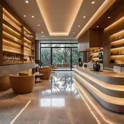 an elegant room with modern decor and lighting