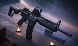 a toy gun with two candles beside it