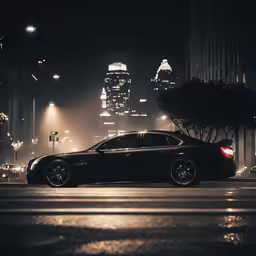 a car driving past tall buildings at night
