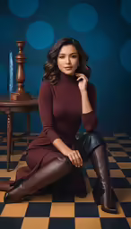 a young woman in leather boots sitting on a tile floor