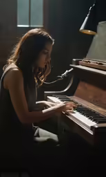 a young woman sitting at a piano in a dark room