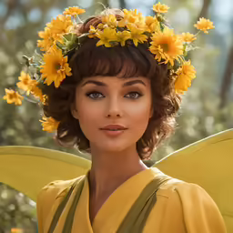 a woman with a yellow outfit and flower in her hair
