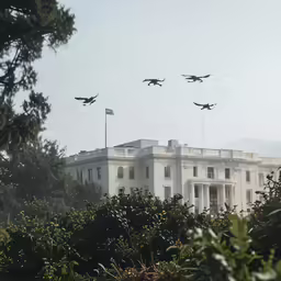 many planes flying near a big white building