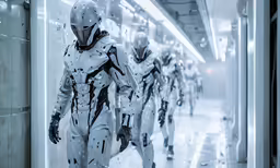 a group of people dressed in white in space suits