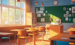 an empty classroom with multiple desks and a green wall