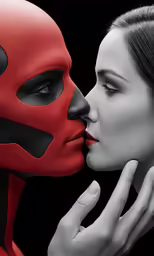 a woman kisses the face of a man with a mask