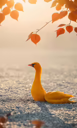 a bird sitting under a tree next to leaves