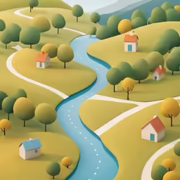 a painting of a scenic countryside with stream