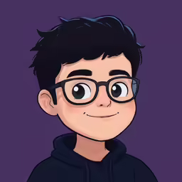 cartoon boy with glasses in front of purple background